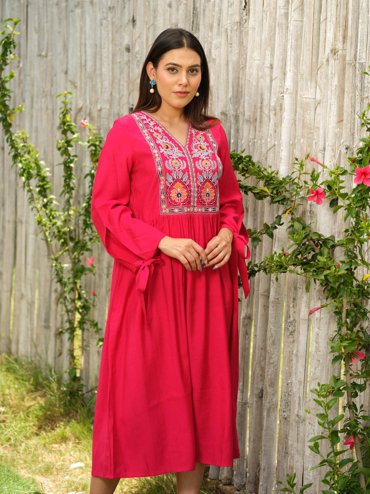 Solid Colored Dress with an Embellished Yoke Etiquette Apparel