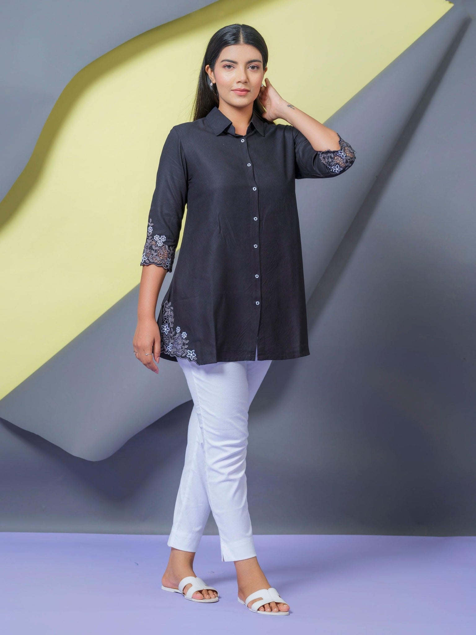 Solid Colored Top With Cutwork Embroidery in Front and Sleeves - Etiquette Apparel 