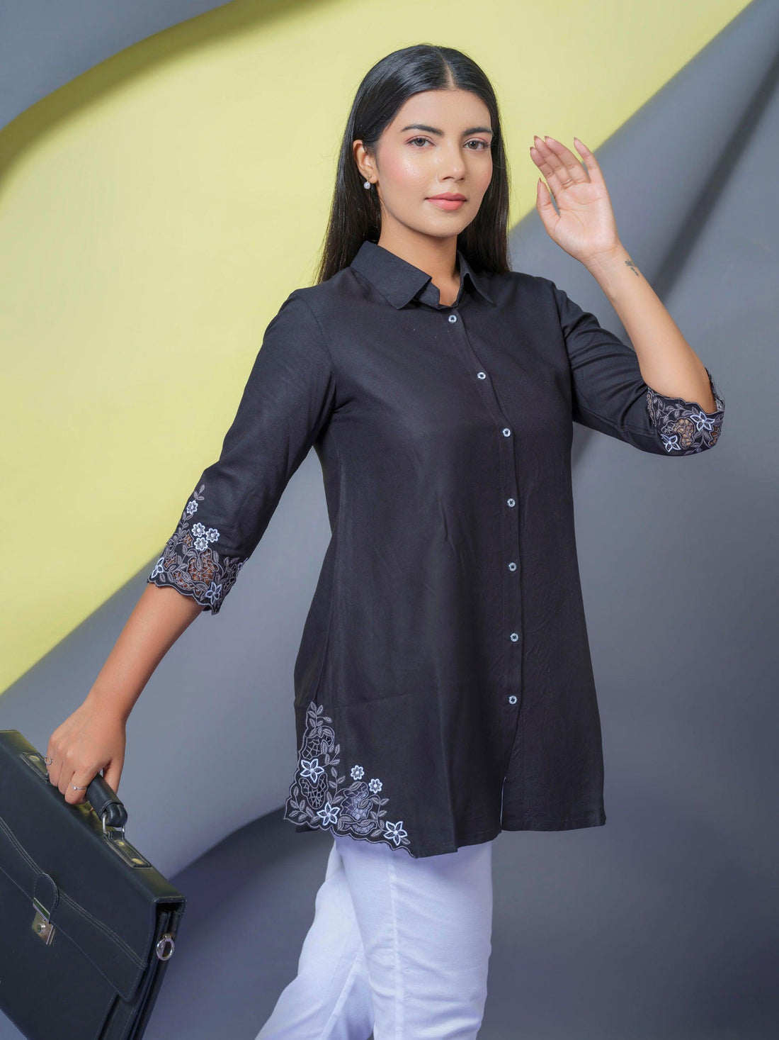 Solid Colored Top With Cutwork Embroidery in Front and Sleeves - Etiquette Apparel 