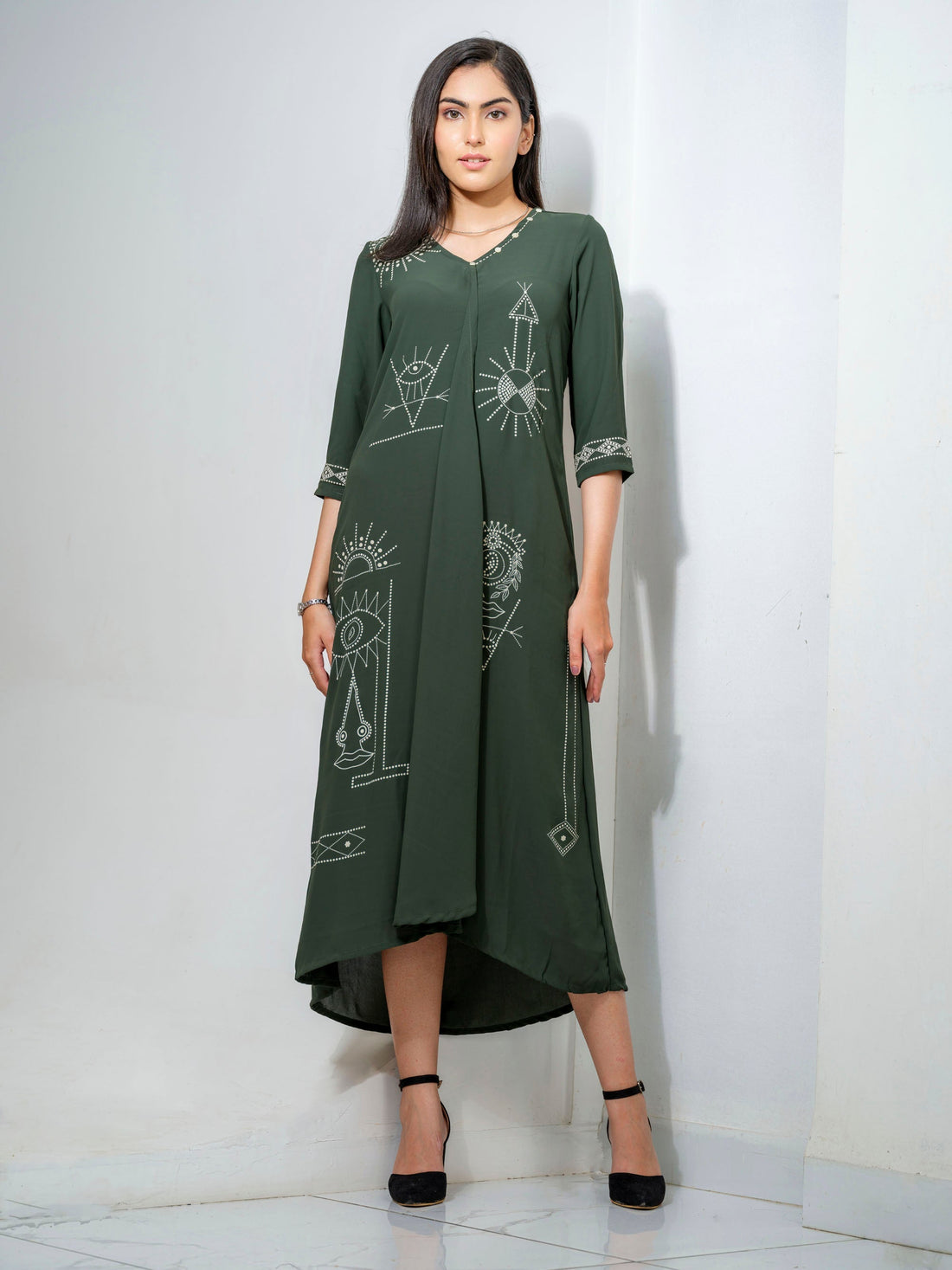 Solid colored dress with yoke embellishment with Dori embroidery Etiquette Apparel