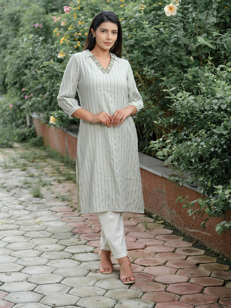 Stripe Kurta With Half Collar and Embroidery at Neck Etiquette Apparel