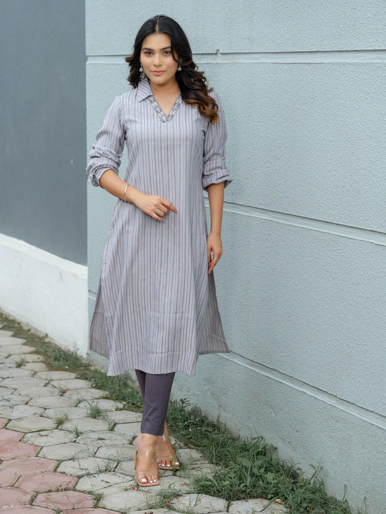 Stripe Kurta With Half Collar and Embroidery at Neck Etiquette Apparel