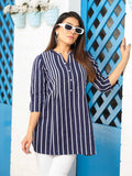 Stripe Short Top With Inverted Pleats and Collar - Etiquette Apparel 