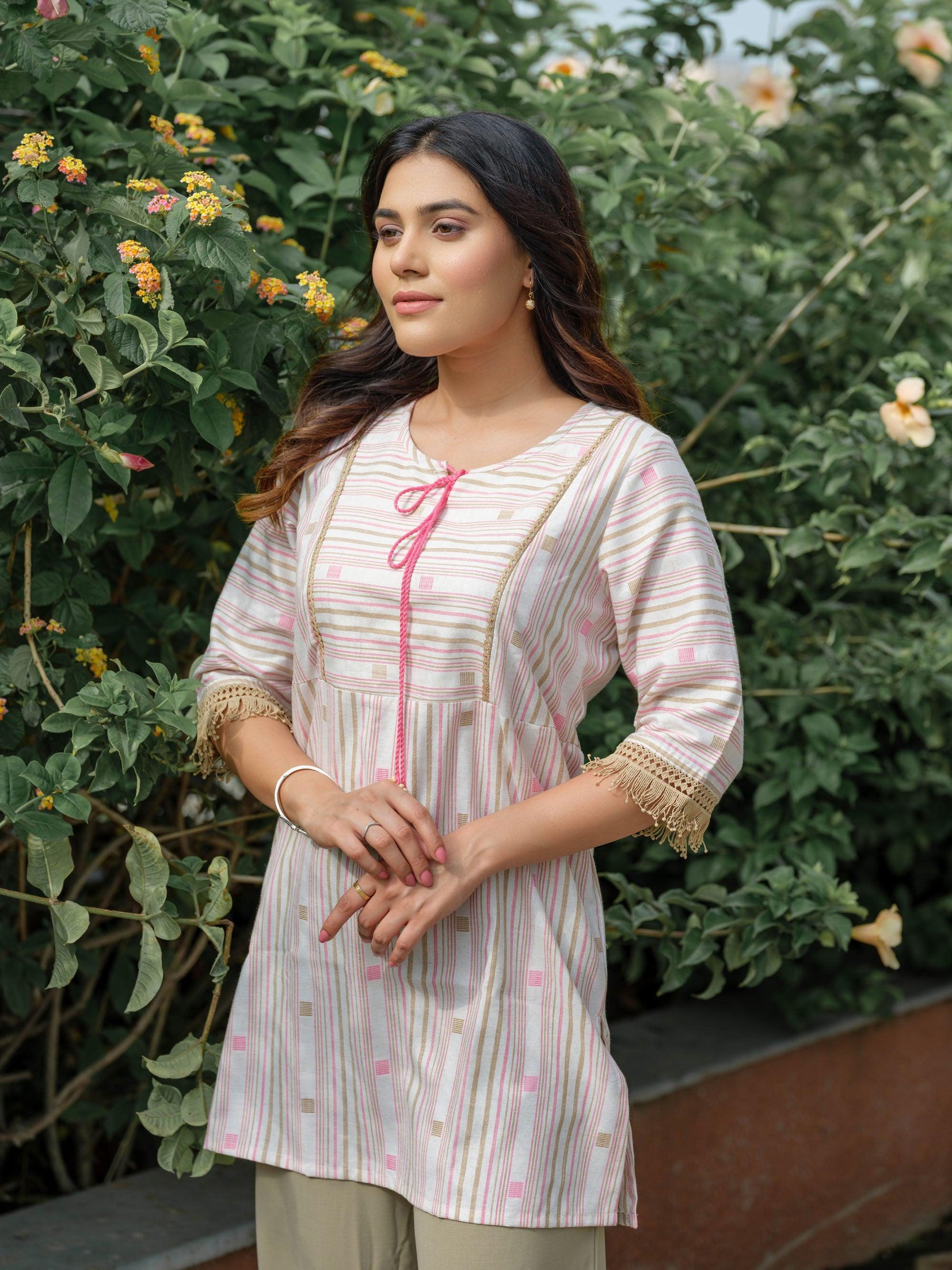 Product Carousel Image 3: Stripe Top With Lace Details at Sleeves and Hanging at Neck