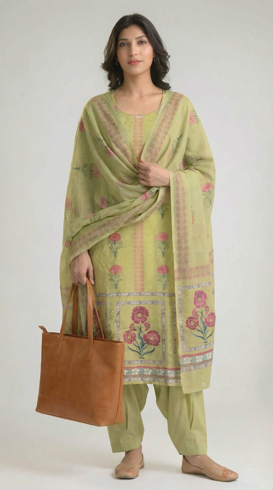 Mughal Green Garden Dupatta Set - Etiquette Apparel