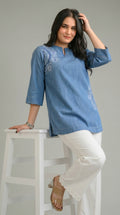 Product Carousel Image 4: Half Circle Embroidered Denim Top