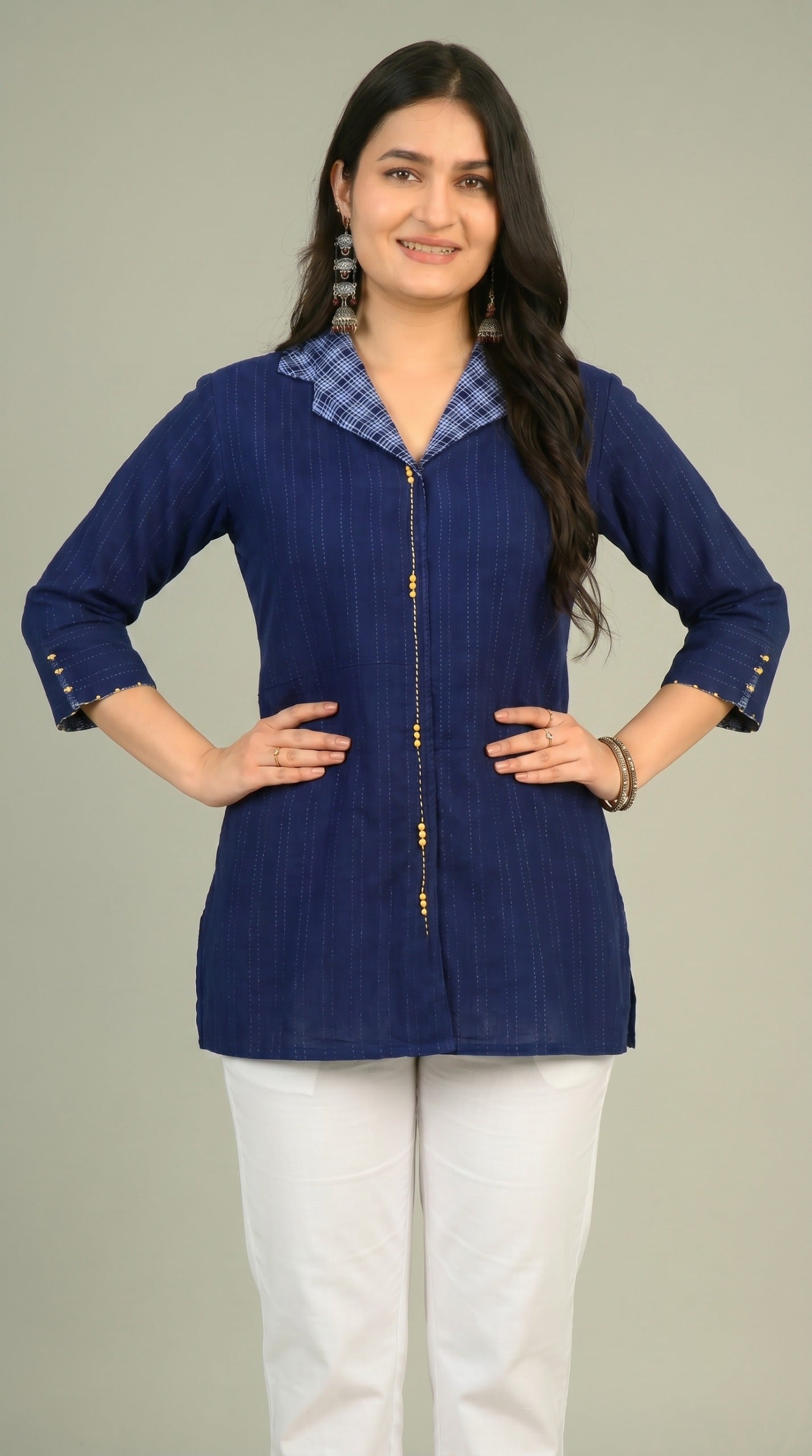Reverse Indigo Collared Top - Etiquette Apparel 