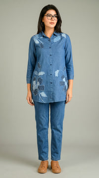 Edgy Denim Co-ord With Leaf Appliqué Co-ord set - Etiquette Apparel