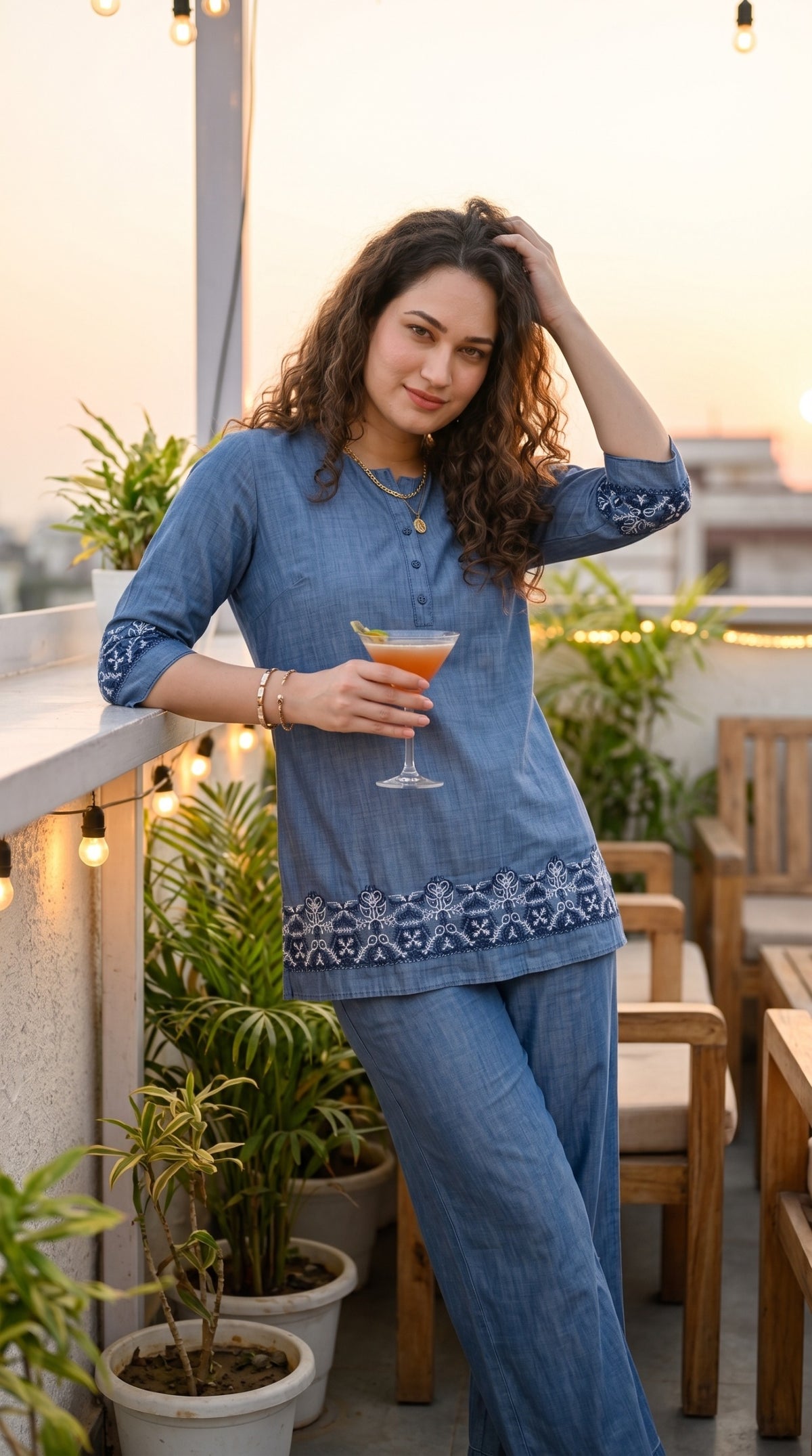 Indigo Bloom Embroidered Co-ord Set - Etiquette Apparel