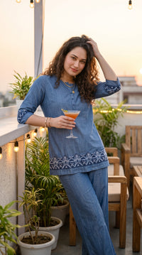 Indigo Bloom Embroidered Co-ord Set - Etiquette Apparel