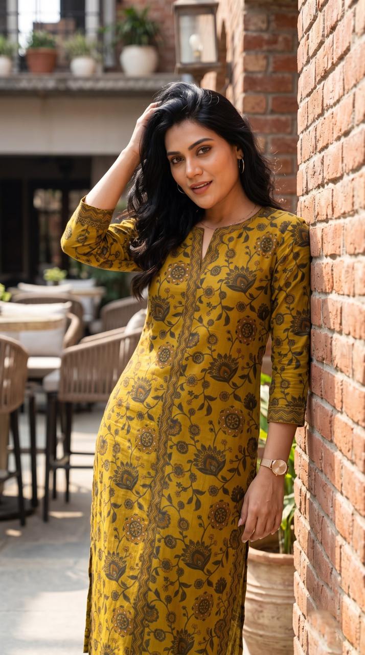 Floral Print Kurta With Geometric Touch