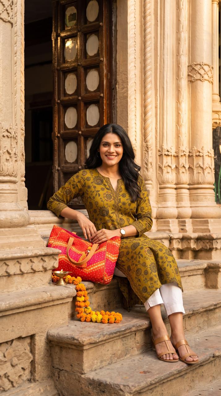 Floral Print Kurta With Geometric Touch