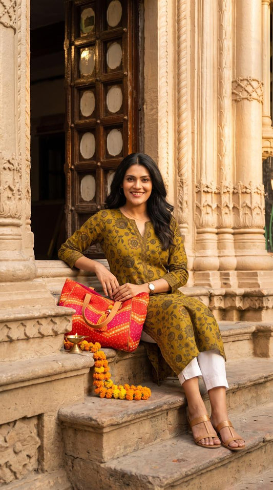Floral Print Kurta With Geometric Touch