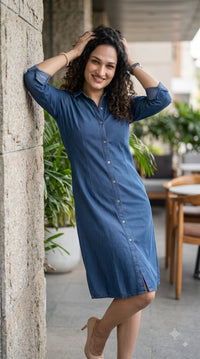 Cotton Indigo Dotted Jacquard Dress - Etiquette Apparel