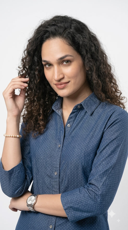 Indigo Dotted Cotton Jacquard Top - Etiquette Apparel
