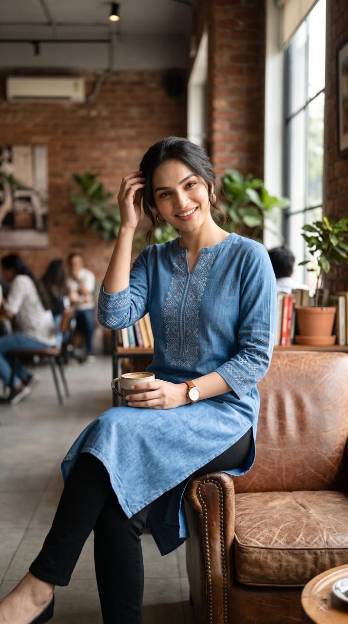 Cross Stitch Denim Indigo Kurta - Etiquette Apparel