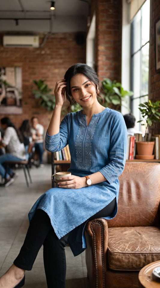 Cross Stitch Denim Indigo Kurta - Etiquette Apparel