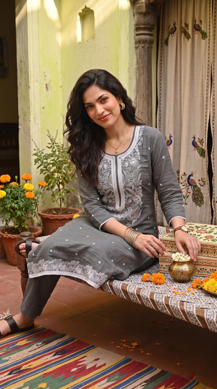 Chanderi Floral Embroidered Kurta Set