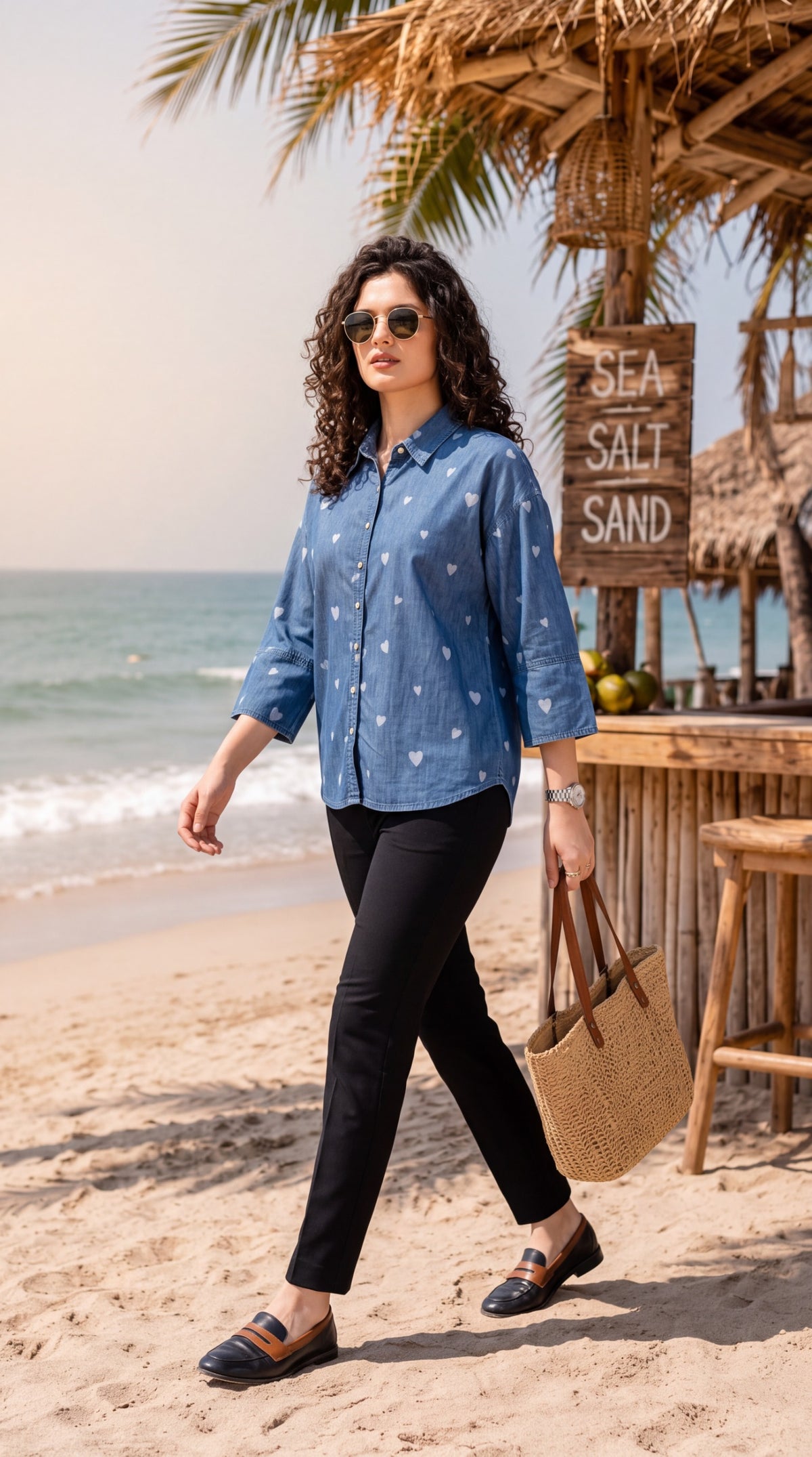 All-Over Heart Print Denim Shirt