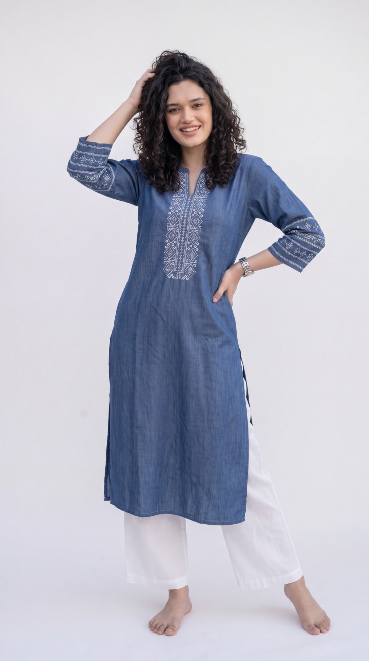 Cross Stitch Denim Indigo Kurta - Etiquette Apparel