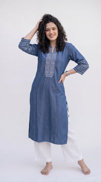 Cross Stitch Denim Indigo Kurta - Etiquette Apparel