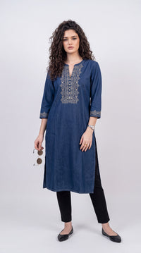 Intricate Embroidery Denim Kurta
