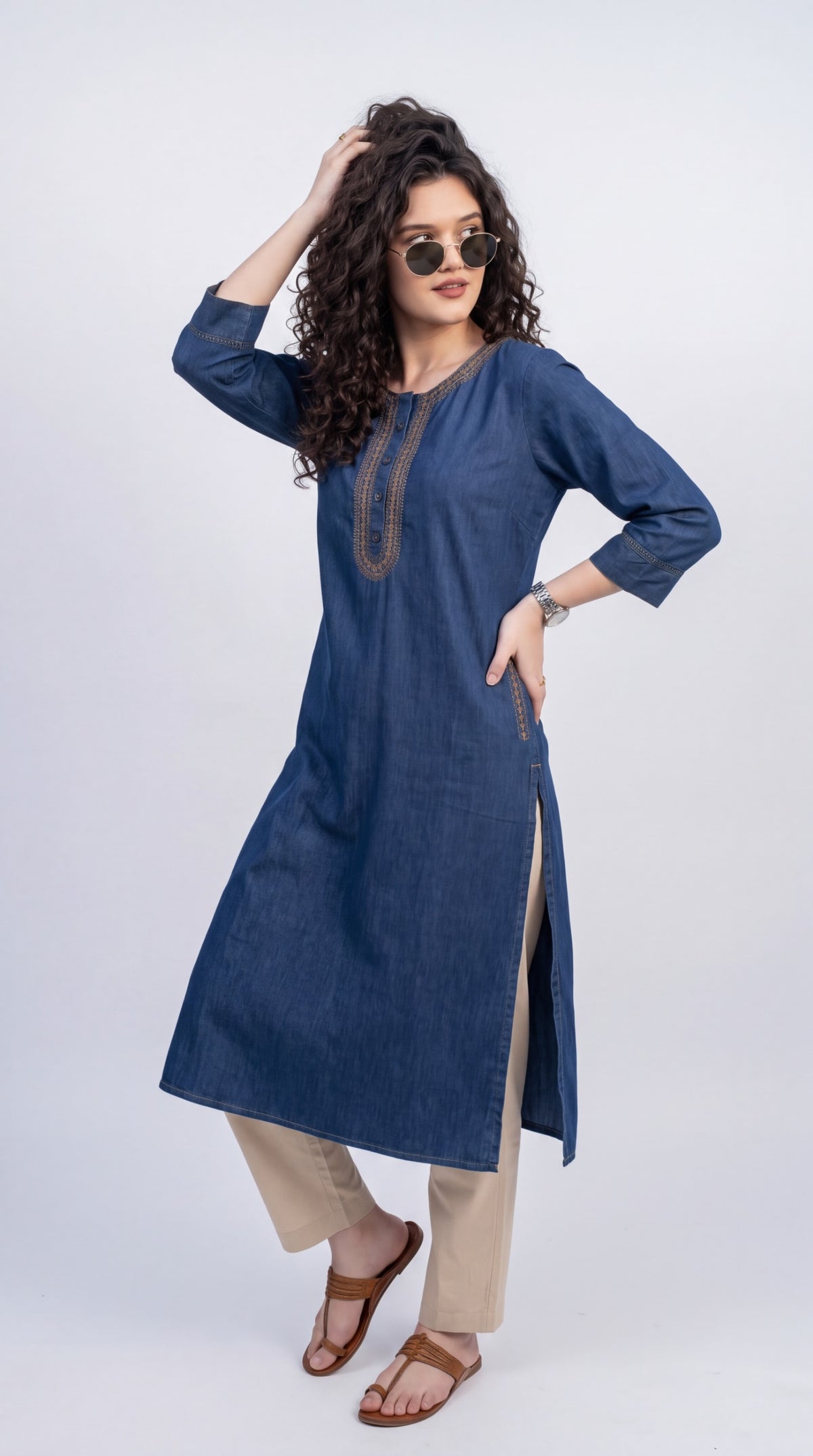 Embroidered Denim Straight Kurta