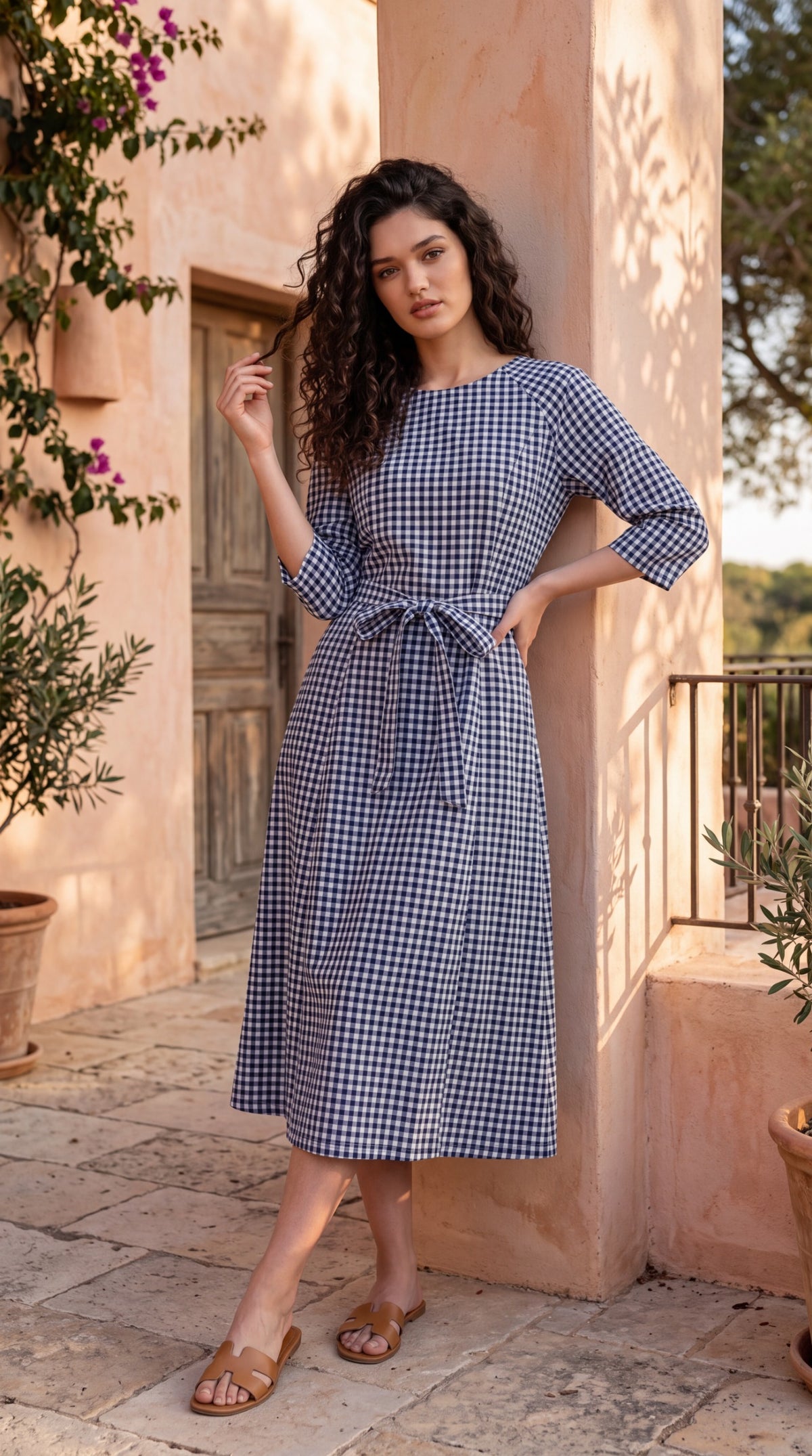 Gingham Print Tie-Waist Dress - Etiquette Apparel