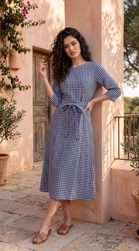Gingham Print Tie-Waist Dress - Etiquette Apparel