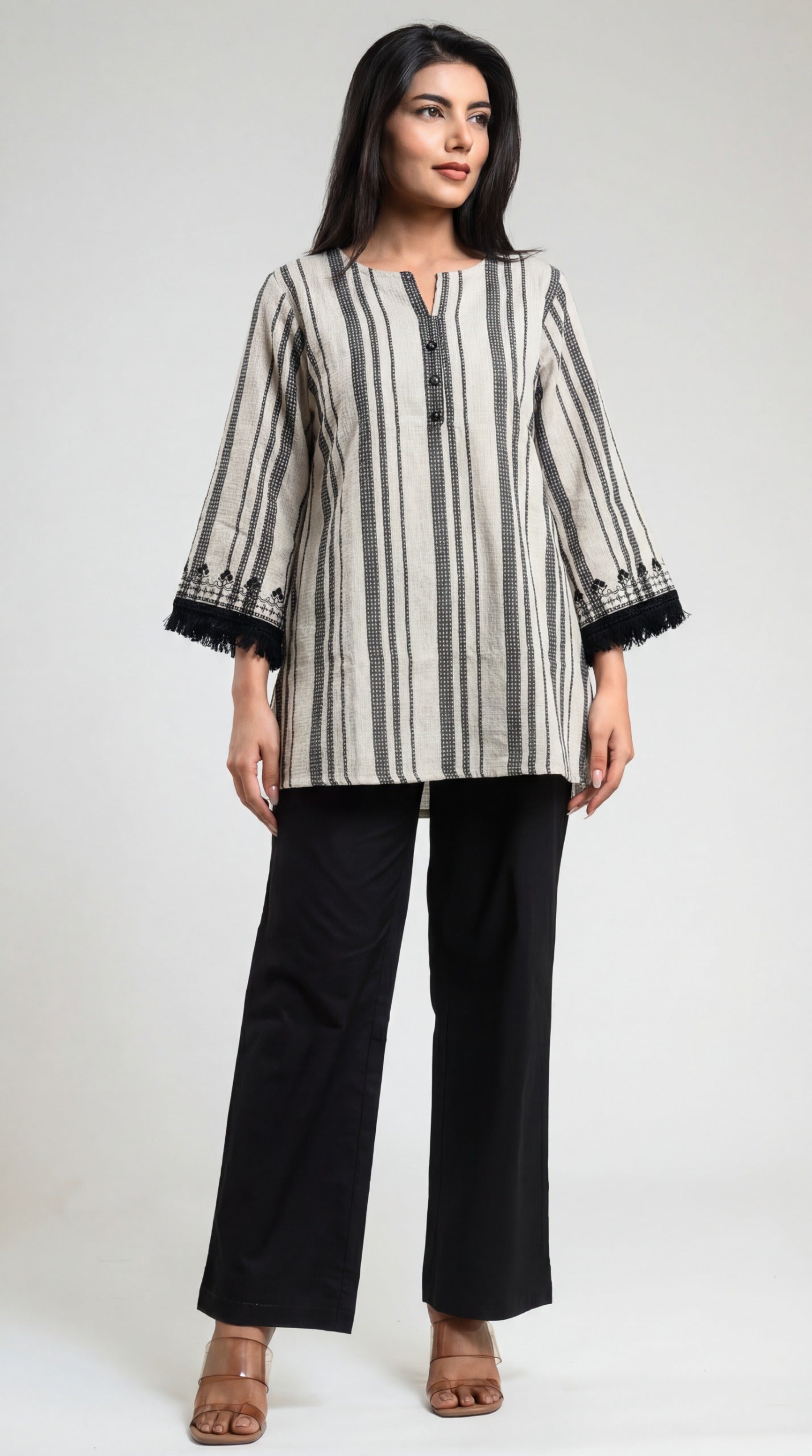 Product Carousel Image 3: Embellished Bell Sleeved Stripe Cotton Top