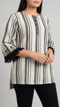 Product Carousel Image 1: Embellished Bell Sleeved Stripe Cotton Top
