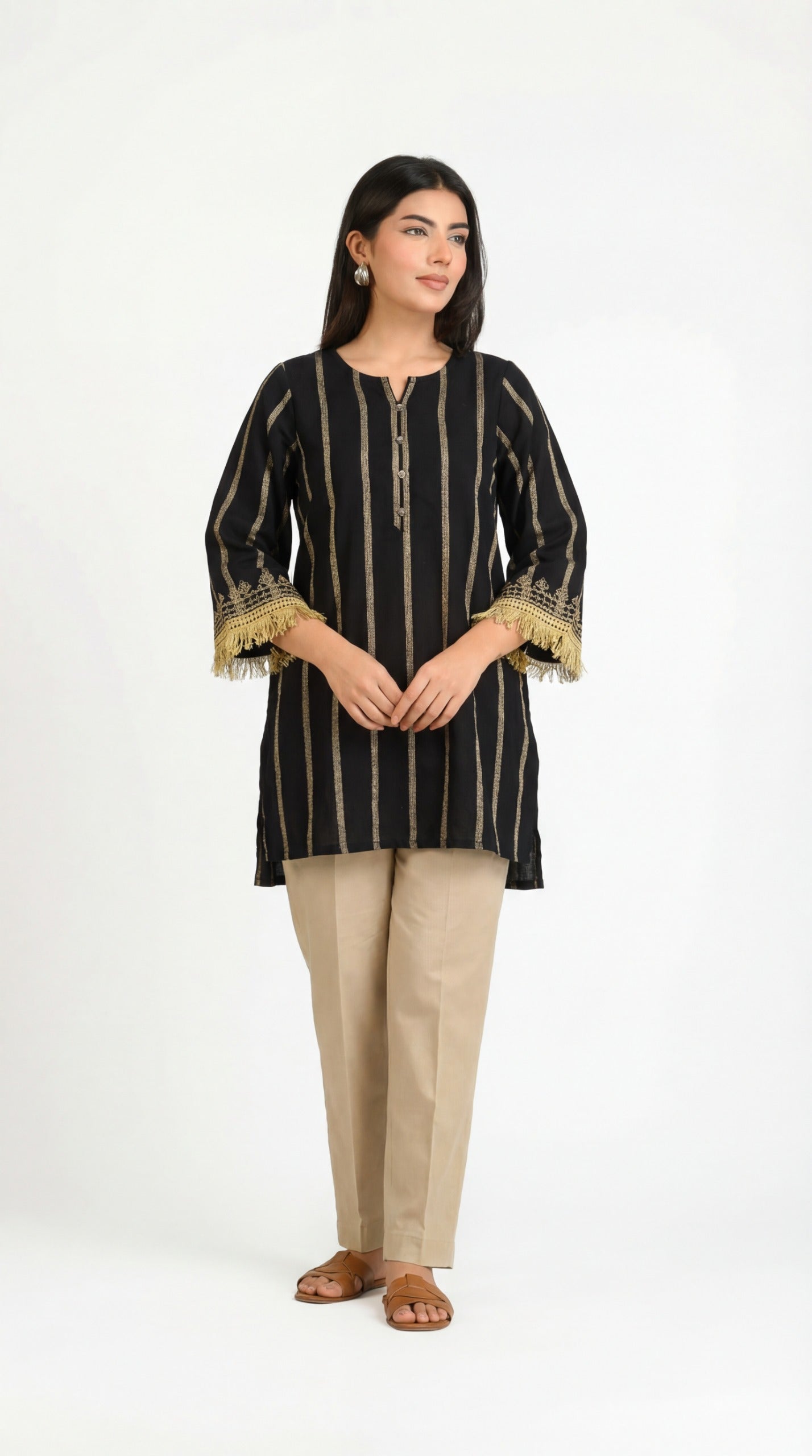 Product Carousel Image 5: Embellished Bell Sleeved Stripe Cotton Top