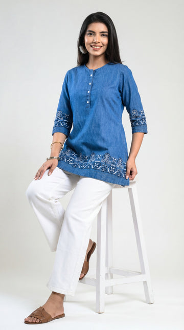 Delicate Details Denim Top - Etiquette Apparel 