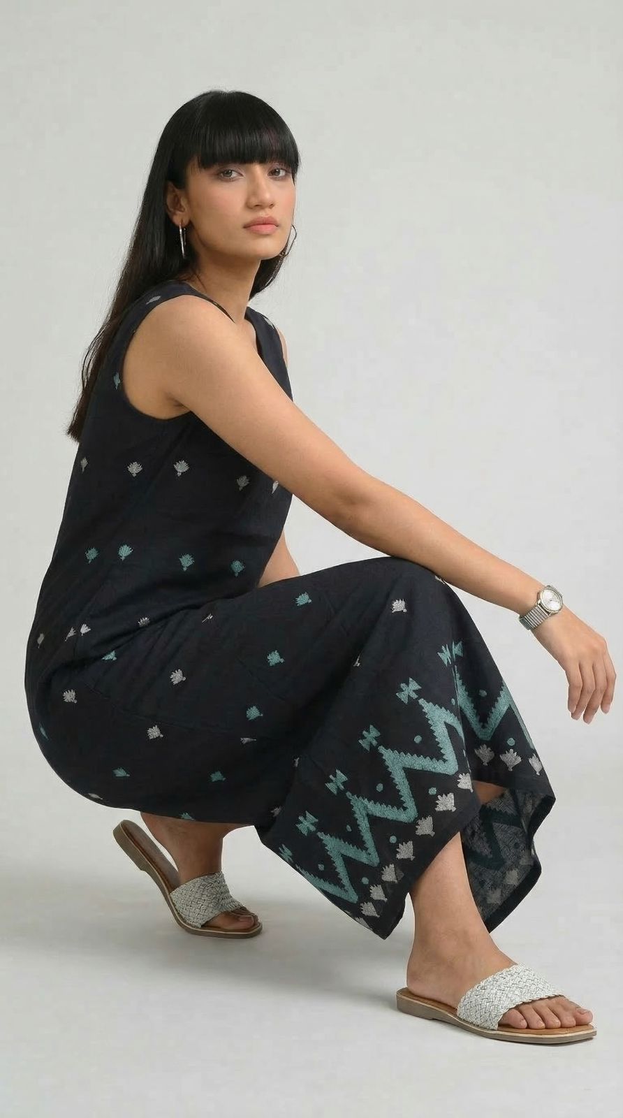 Sleek in Jamdani Sleeveless Dress - Etiquette Apparel