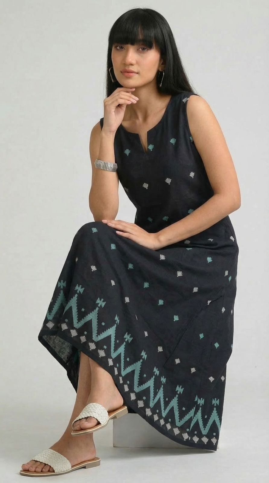 Sleek in Jamdani Sleeveless Dress - Etiquette Apparel