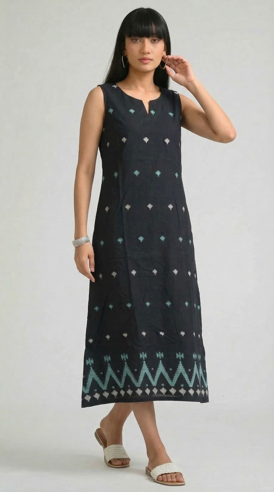 Sleek in Jamdani Sleeveless Dress - Etiquette Apparel