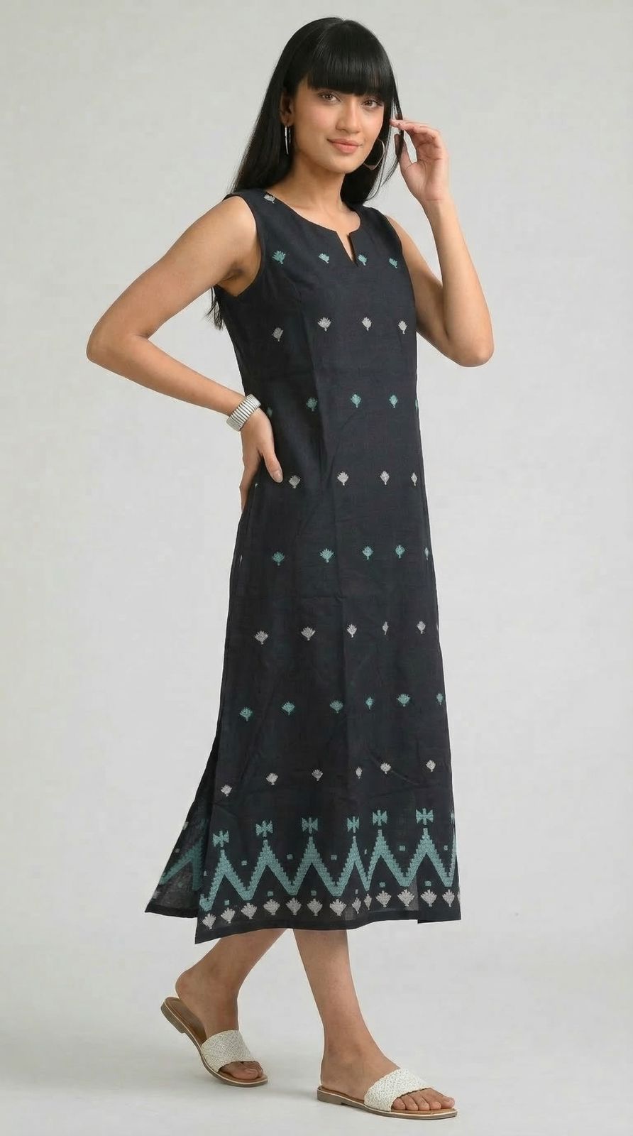 Sleek in Jamdani Sleeveless Dress - Etiquette Apparel
