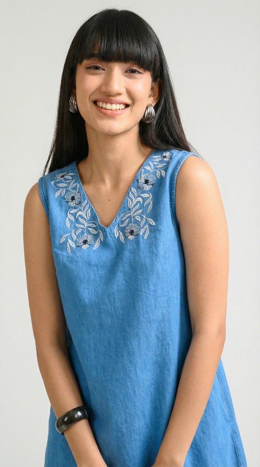 Petal Stitch Sleeveless Denim Dress - Etiquette Apparel