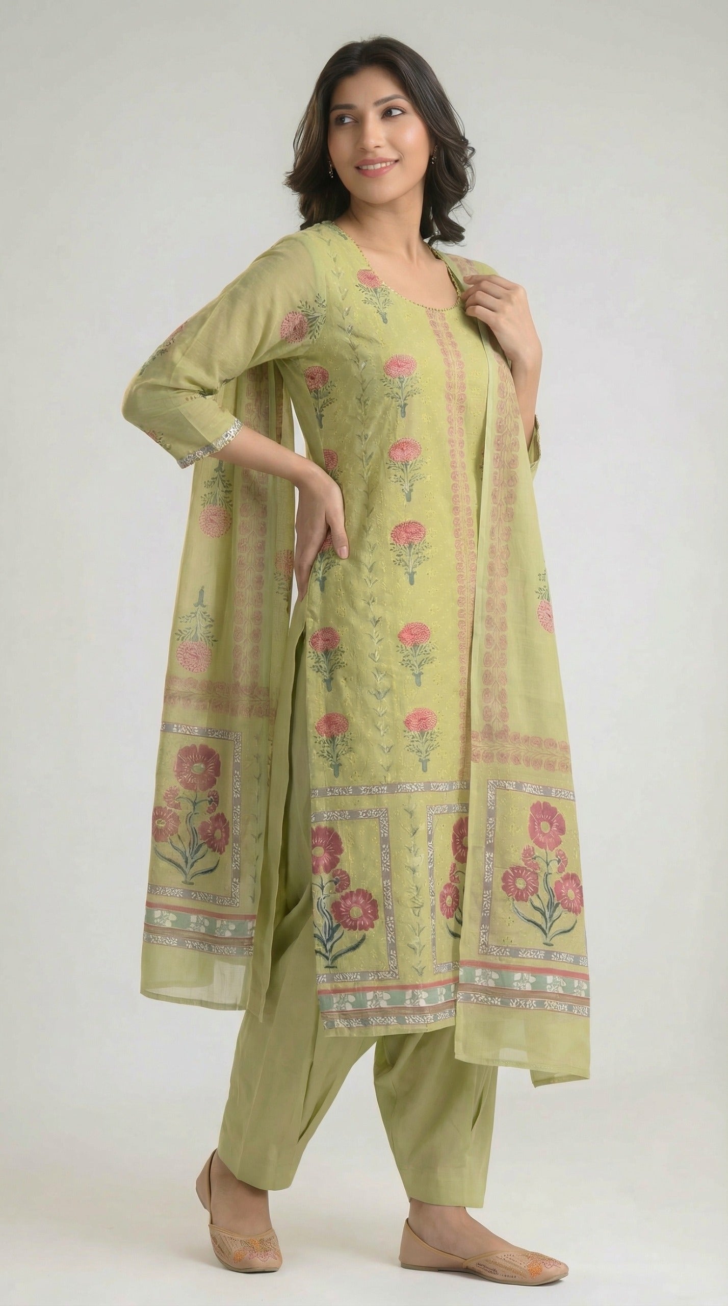 Mughal Green Garden Dupatta Set - Etiquette Apparel