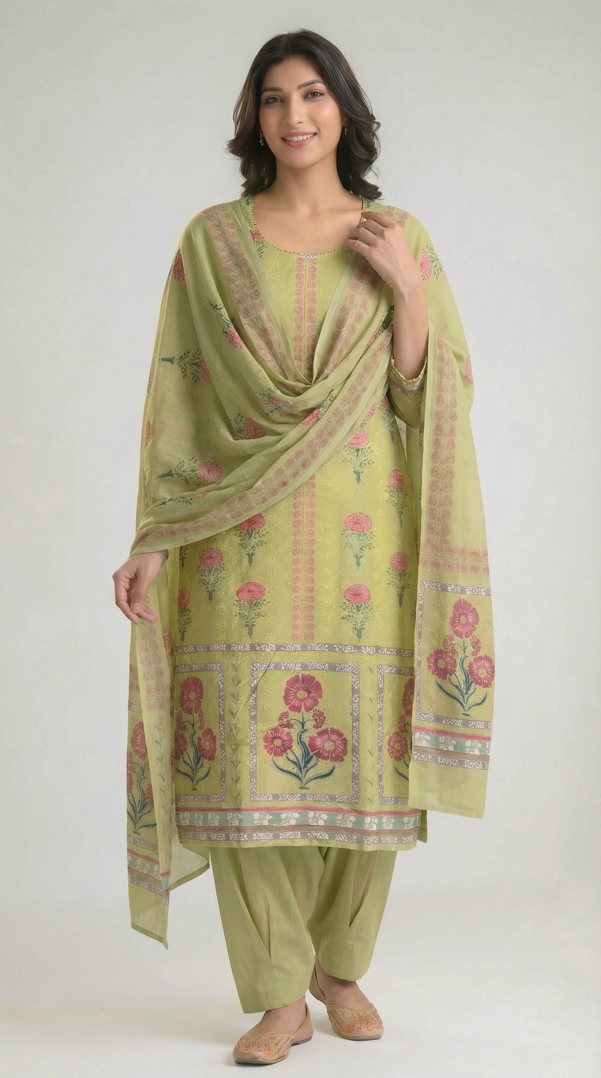 Mughal Green Garden Dupatta Set - Etiquette Apparel