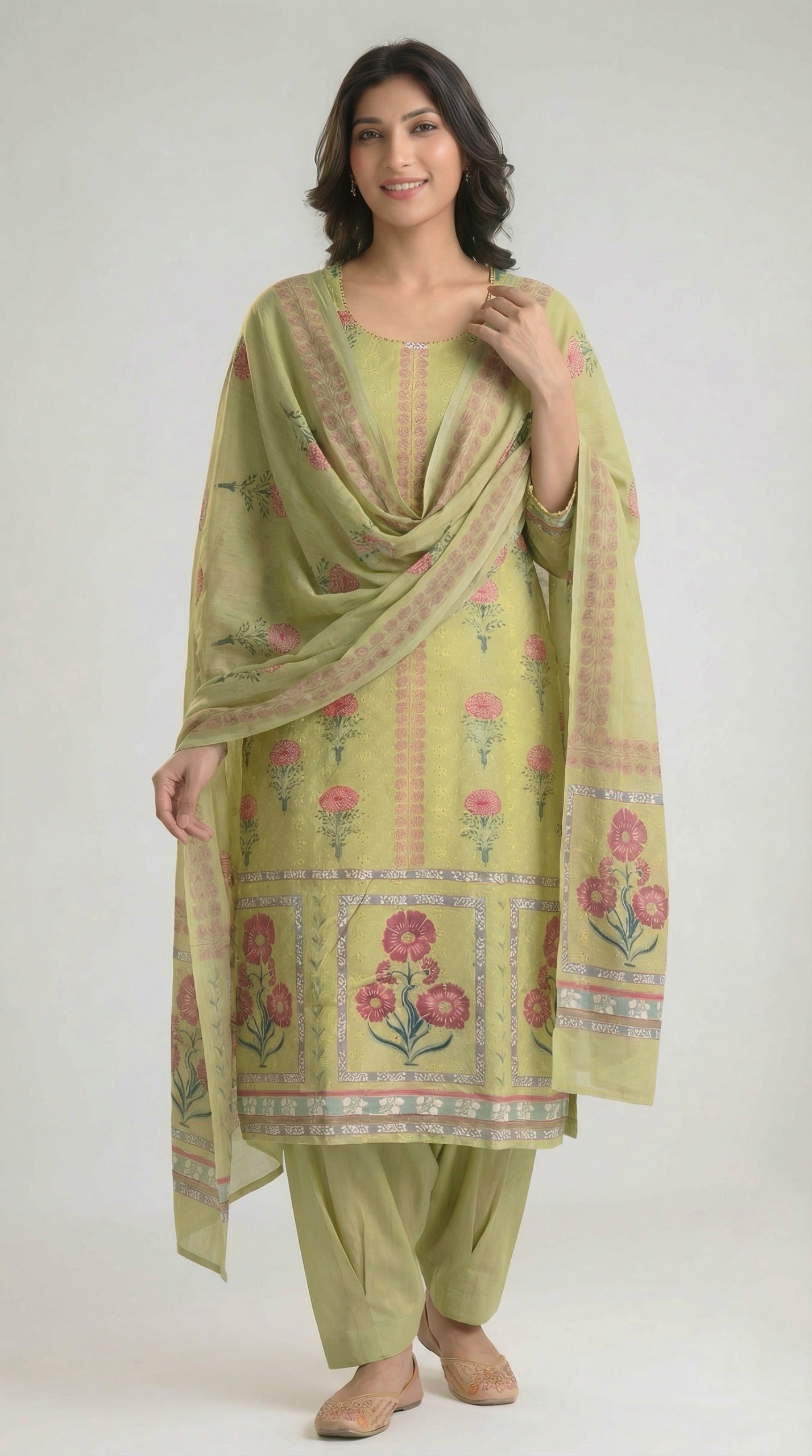 Mughal Green Garden Dupatta Set - Etiquette Apparel