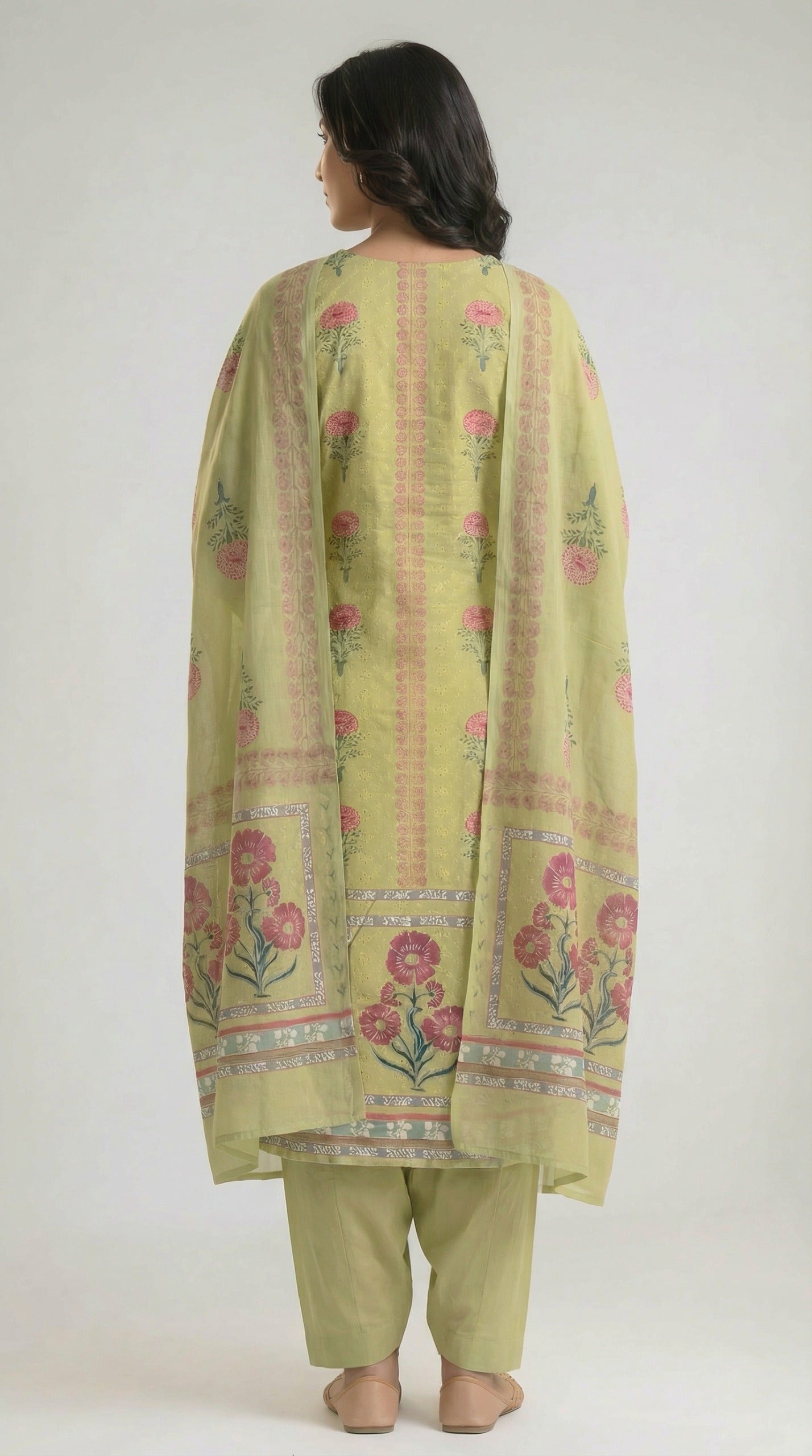 Mughal Green Garden Dupatta Set - Etiquette Apparel