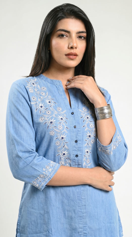 Floral Whispers on Denim Top - Etiquette Apparel