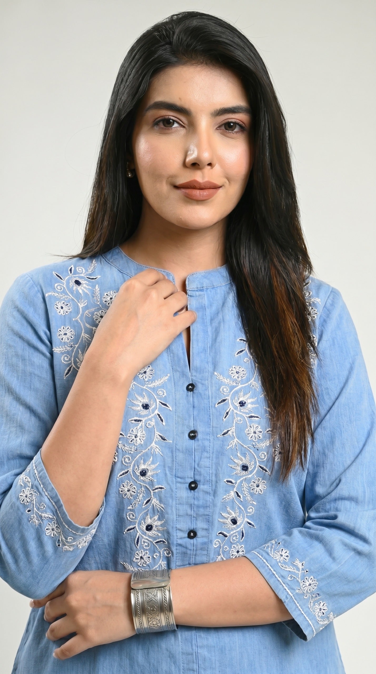 Product Carousel Image 1: Floral Whispers on Denim Top