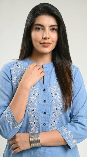 Floral Whispers on Denim Top - Etiquette Apparel 