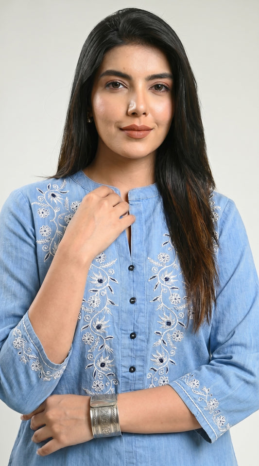 Floral Whispers on Denim Top - Etiquette Apparel