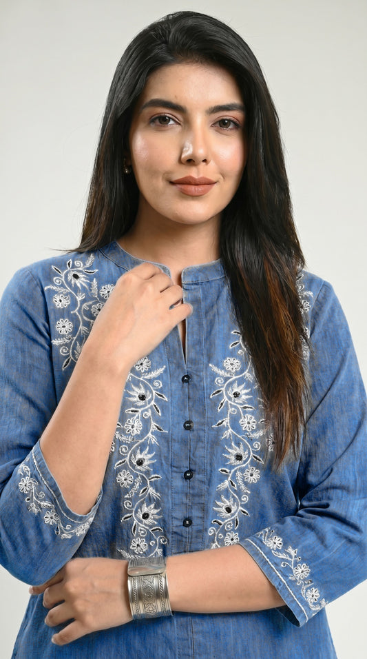 Floral Whispers on Denim Top - Etiquette Apparel