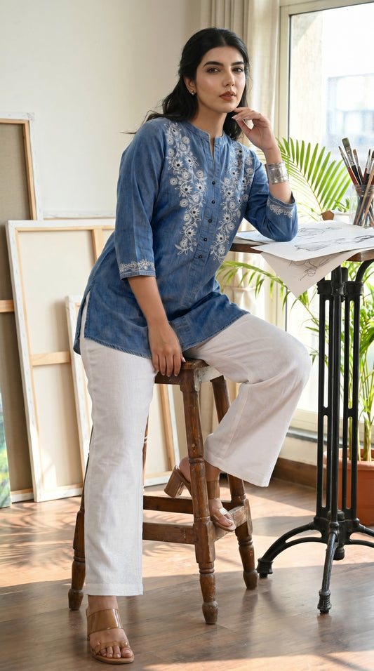 Floral Whispers on Denim Top - Etiquette Apparel