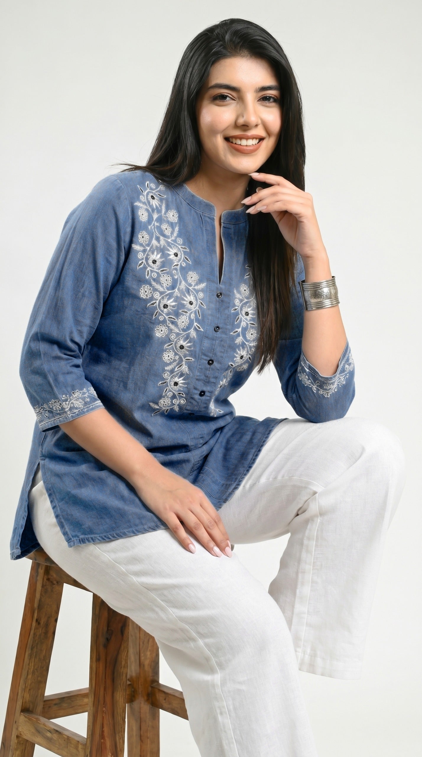 Product Carousel Image 8: Floral Whispers on Denim Top