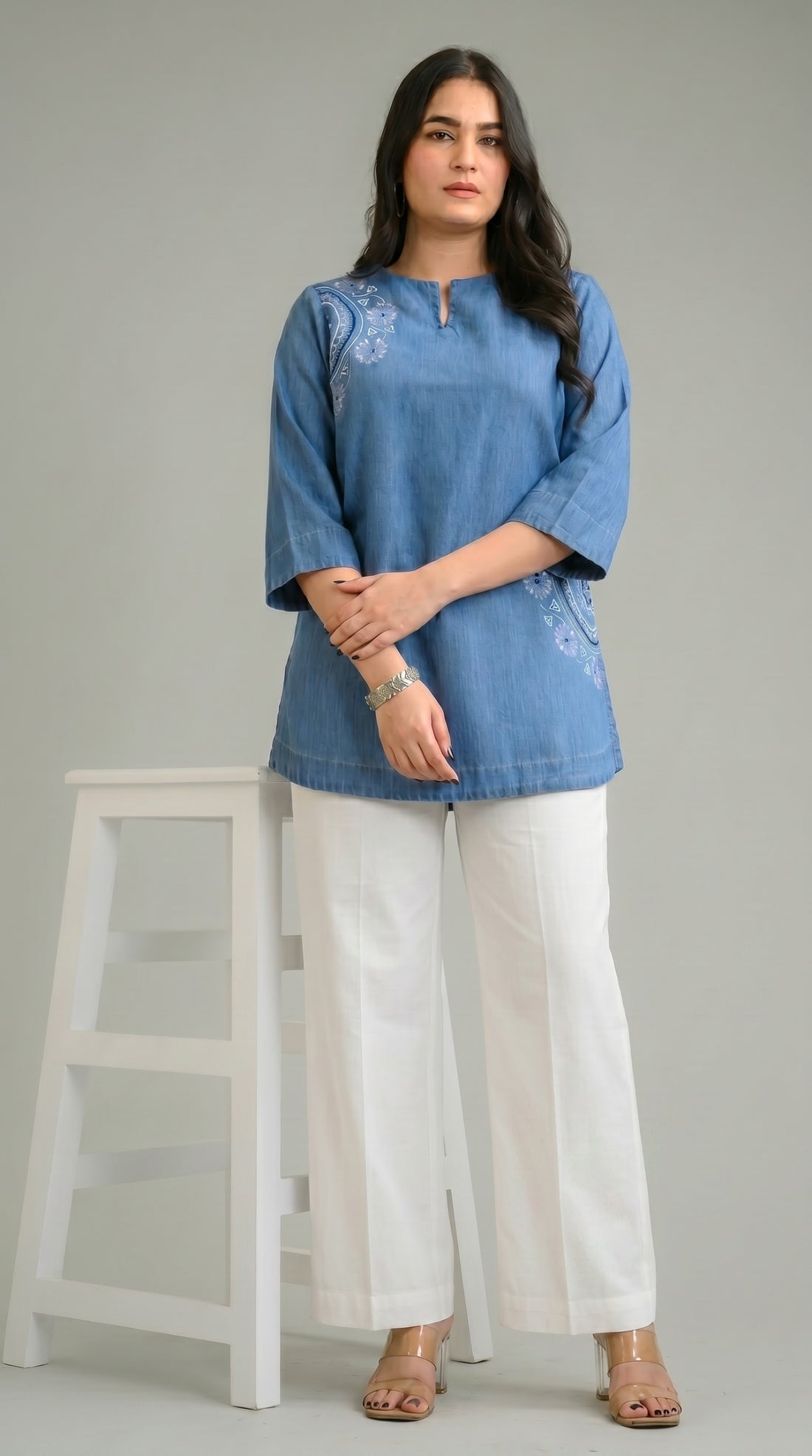 Half Circle Embroidered Denim Top - Etiquette Apparel 